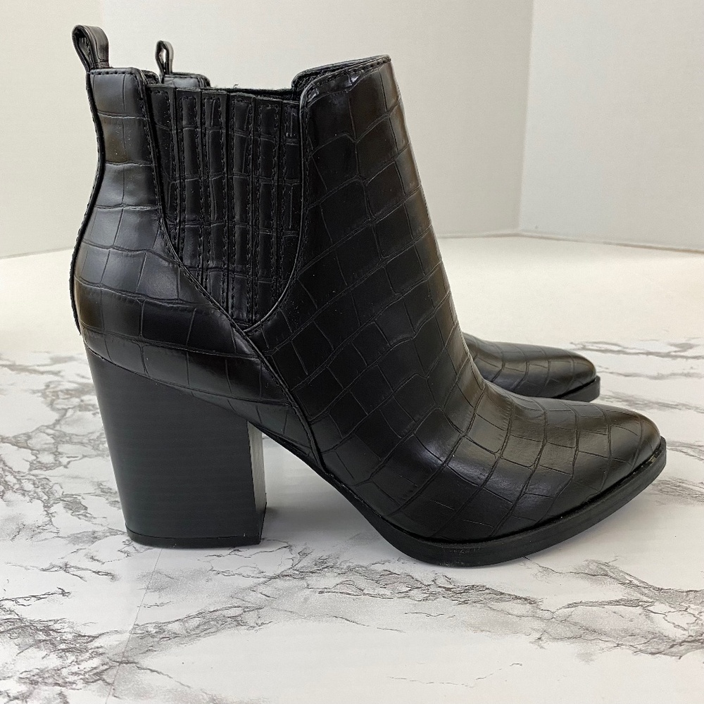 Black Croc Print Slip On Ankle Booties